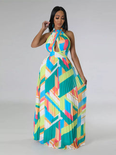 Halter Neck Geometric Print Pleated Maxi Dress
