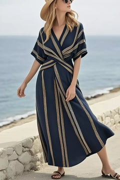 Striped Wrap Half Sleeve Maxi Dress
