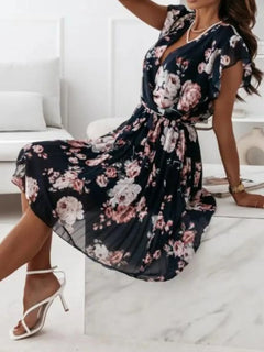 Floral Surplice Ruffled Cap Sleeve Dress