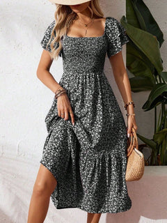 Floral Print Smocked Ruffle Sleeves Dress