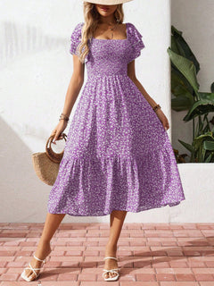 Floral Print Smocked Ruffle Sleeves Dress