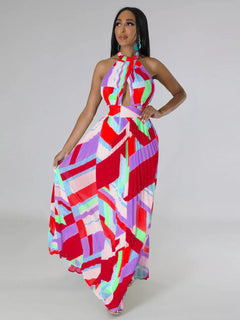 Halter Neck Geometric Print Pleated Maxi Dress
