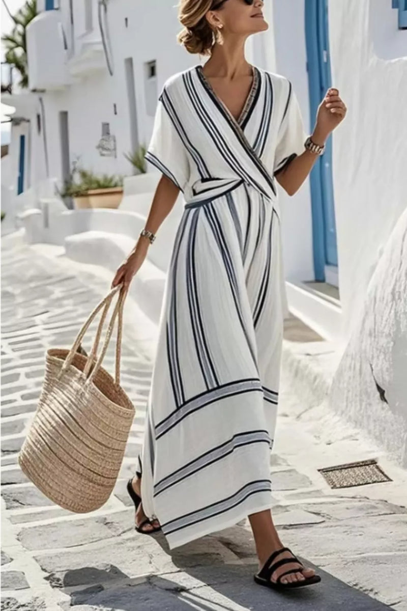 Striped Wrap Half Sleeve Maxi Dress
