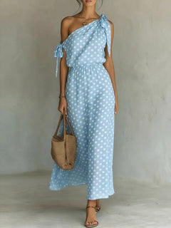 Full Size Polka Dot One-Shoulder Maxi Dress with Tie Details Plus Size
