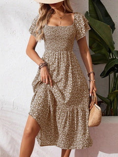 Floral Print Smocked Ruffle Sleeves Dress