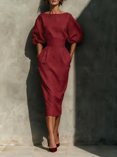 Round Neck Puff Sleeves Midi Dress