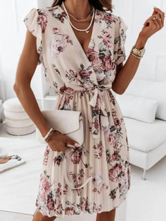 Floral Surplice Ruffled Cap Sleeve Dress