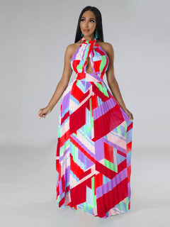 Halter Neck Geometric Print Pleated Maxi Dress