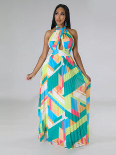 Halter Neck Geometric Print Pleated Maxi Dress